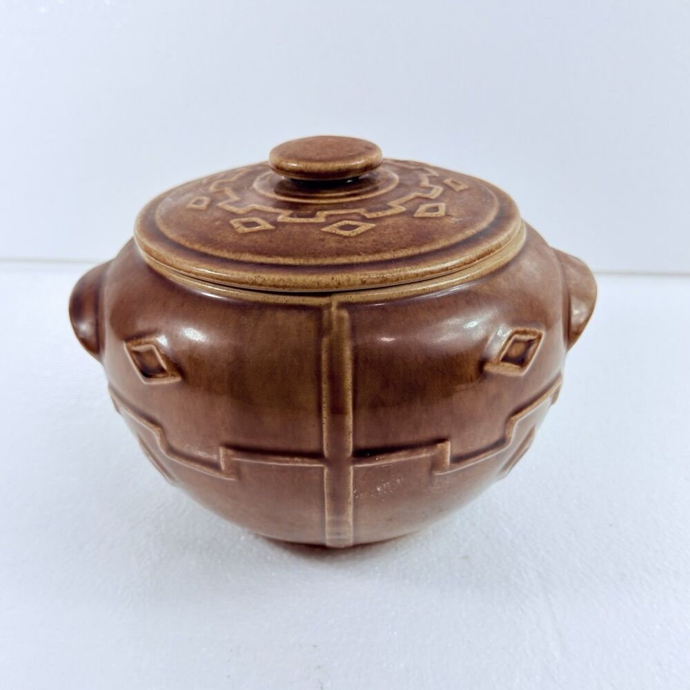 Vintage Monmouth Western Stoneware Pottery Bean Pot Cookie Jar Made In USA Brown